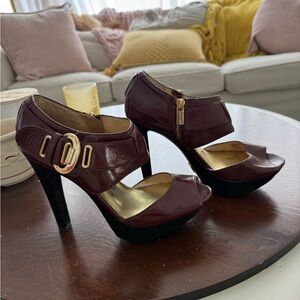 Michael Kors Burgundy Leather Peep-Toe Platform Heels - 7.5M